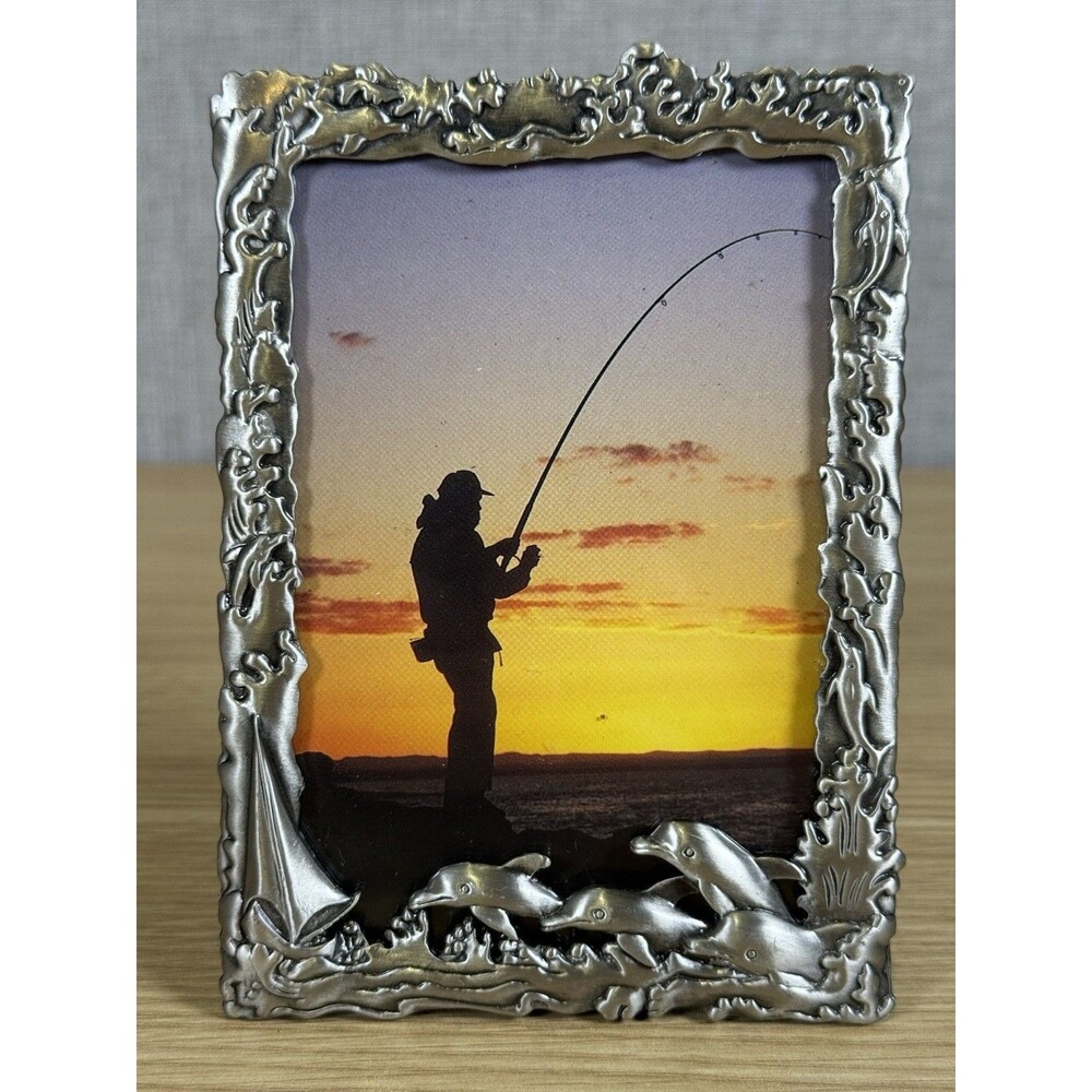 Vintage Pewter Dolphin Sailboat Picture Frame Ocean Nautical Beach Decor 5 X 3.5